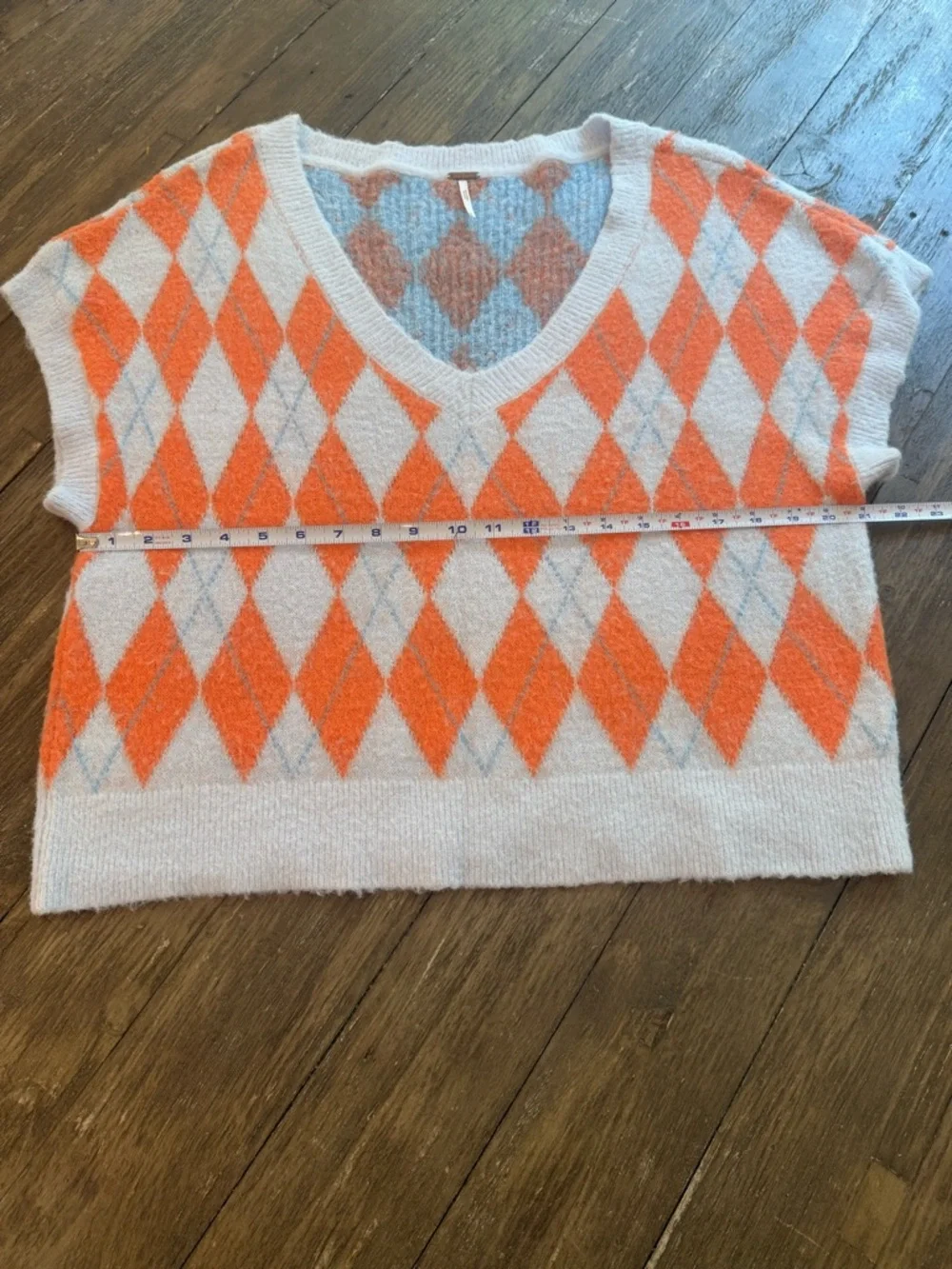 Free People Large Argyle Sweater Vest V-Neck Oversized Fuzzy Knit Orange Gray